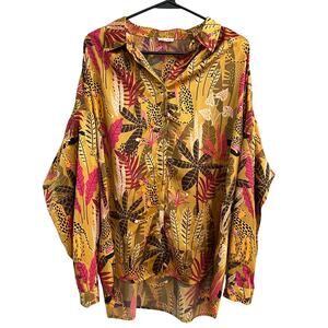 Jodifl Mustard Jungle Print Satin Button Down Blouse Large